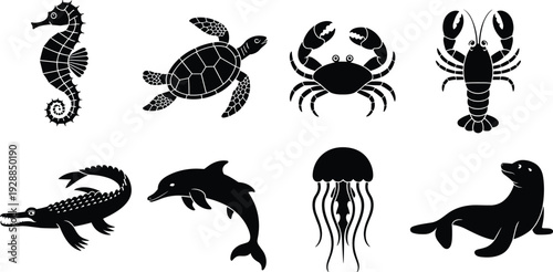 Black Silhouette Vector Set of Marine Animals and Sea Creatures Including Seahorse Turtle Crab Lobster Crocodile Dolphin Jellyfish and Seal Isolated on White