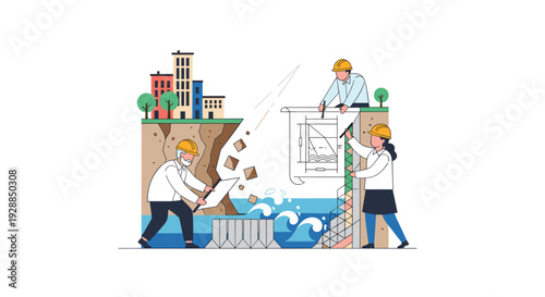 Three dedicated construction workers two men and one woman meticulously build a coastal defense structure near a cliffside city with blueprints and falling rocks, Generative AI.