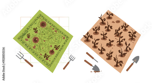 An overhead flat lay illustration displays two diagonally rotated garden plots one lush green and one barren brown with dead plants and tools, Generative AI.