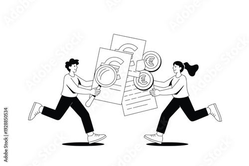 Business people analyzing financial documents with a magnifying glass and euro coins