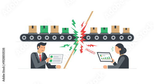 A broken conveyor belt with boxes diagonally separates a man with a document from a speaking woman with a tablet, Generative AI.