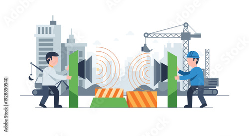 Two illustrated workers are holding large green sound barrier panels with sound waves emanating from speakers between them in urban settings, Generative AI.