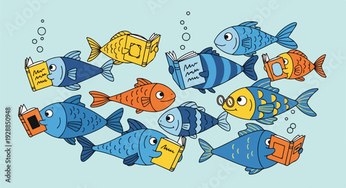 A group of colorful cartoon fish swimming and reading books underwater