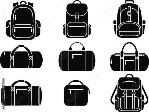 Set of black silhouette backpack and duffel bag icons for travel, fitness, and school equipment isolated on white background, vector illustration travel gear collection
