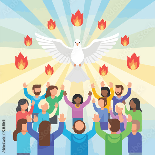 A group of people with arms raised worships under a white bird and fire