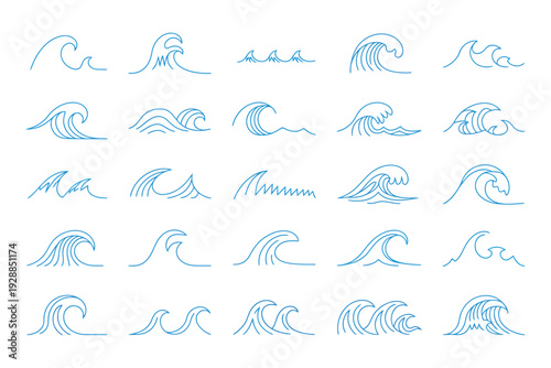 Wave sea line doodle icon set, hand drawn water wave outline collection with simple curve shapes, scribble aqua flow elements in minimalist sketch style, isolated vector illustration for logo, brandin