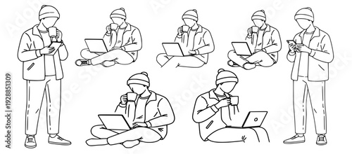 business people in office, Cute minimal character illustration set with various poses including working, thinking, confused, celebrating, relaxing, productivity, communication, teamwork, presentation,