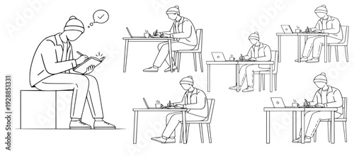 people in a cafe, Cute Minimal Character Working on Laptop Thin Line Vector Illustration