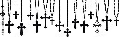 Large set of black christian cross silhouettes and rosary beads hanging, religious crucifix symbols isolated on white background, spiritual icons, (20 words)