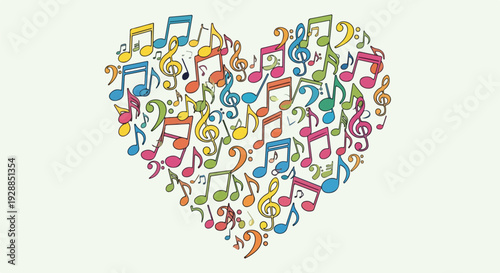 A heart shape composed of various colorful musical notes and symbols