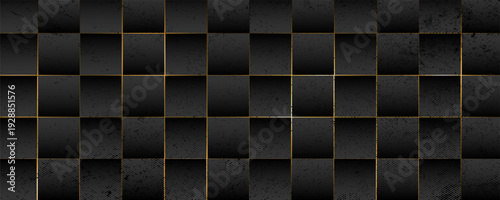  Luxury abstract black metal background with golden light lines. Dark 3d geometric texture illustration. Bright grid pattern. Pure black horizontal banner wallpaper.