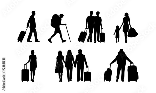 Silhouettes of people walking with luggage on white background for travel and transportation concepts