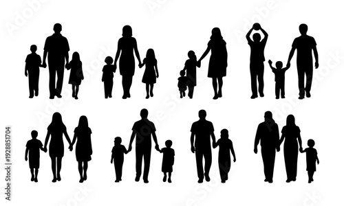 Diverse family silhouettes in various poses and sizes on white background