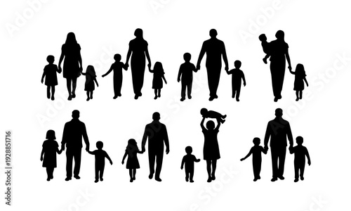 Diverse family silhouettes in various poses and sizes on white background