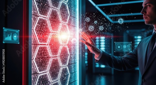 A businessman's hand pushes a blue digital button on a touch screen interface to trigger a powerful network connection for global business data and internet technology