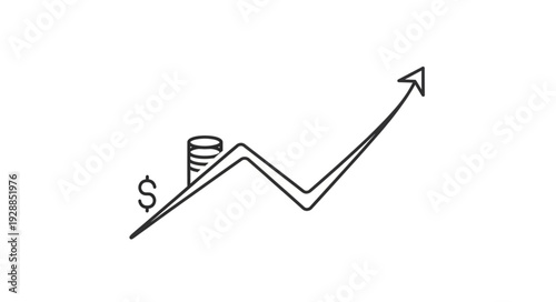 Hand drawn graph showing financial growth with dollar sign and coins.