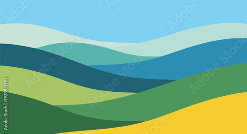 A layered landscape illustration with rolling hills and various green shades