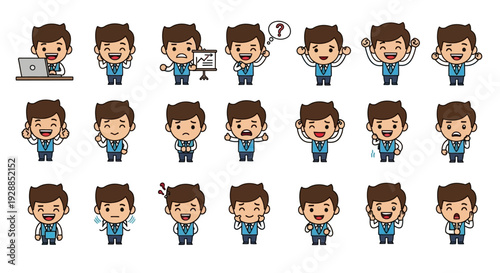 Cartoon male character avatar set displaying a wide range of emotions, actions, and expressions in various poses.