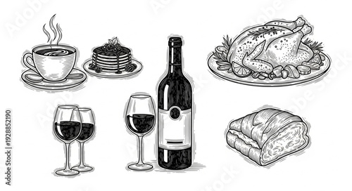 Hand drawn illustration of a meal with wine and coffee.