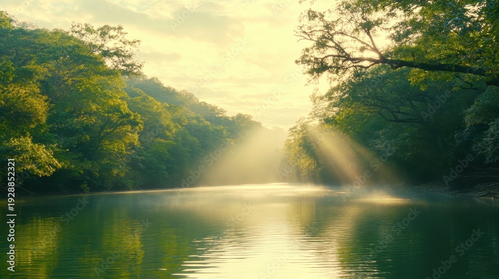 Naklejka premium Sunbeams piercing through morning mist over a serene river surrounded by lush green forest