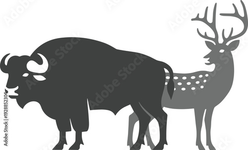 Bison and deer silhouette illustration isolated on white background, wild forest animals standing together, wildlife conservation concept, hunting symbol, nature graphic design element