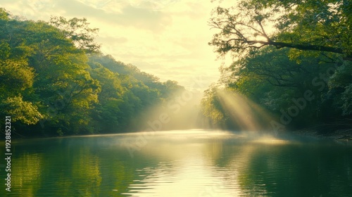 Sunbeams piercing through morning mist over a serene river surrounded by lush green forest