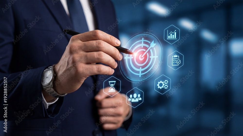 Fototapeta premium Businessman Targeting Goals with Digital Interface in Modern Office.
