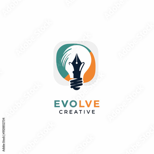 A logo of a light bulb shape with a pen nib inside