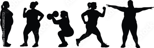 Silhouette of Overweight Plus Size Woman Exercising and Training in Various Poses Including Squatting Running and Stretching for Weight Loss Journey and Healthy Lifestyle Concepts