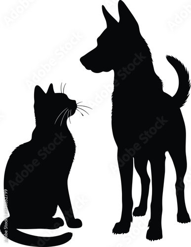 Dog and cat silhouette isolated on white background, domestic pet animals sitting and standing together, companionship concept, veterinary clinic logo vector illustration