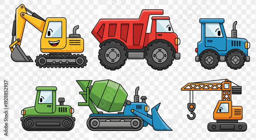 Collection of six cartoon construction vehicles with smiling faces, including an excavator, dump truck, tractor, bulldozer, concrete mixer, and crane.