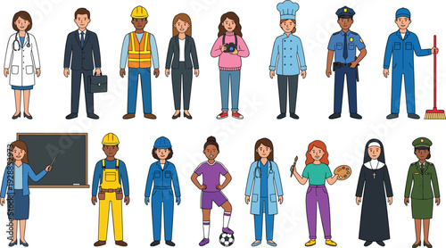 Diverse Professional Workers Cartoon Illustration Set, Multicultural Men and Women in Different Occupations Including Doctor, Teacher, Engineer, Police Officer and Artist