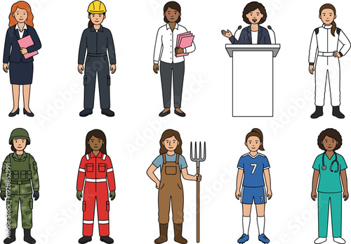 Diverse Women in Different Professions Cartoon Character Set, Multicultural Female Workers Including Engineer, Farmer, Soldier, Nurse, Speaker and Athlete Illustration