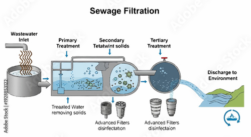 Sewage Filtration Process Diagram Illustration.