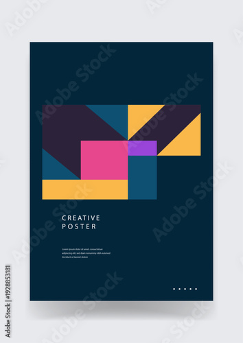 A bold creative poster utilizing a dark navy background contrasted with a vibrant colorful mosaic of geometric triangles and squares
