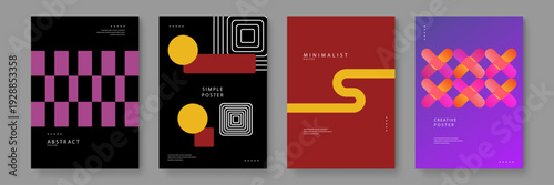 Set of four abstract minimalist posters featuring geometric shapes and vibrant color palettes for modern interior decor or digital marketing