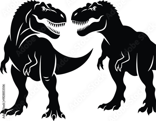 Tyrannosaurus rex silhouette pair isolated on white background, prehistoric dinosaur predators facing each other, Jurassic wildlife illustration, ancient reptile vector design