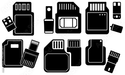 Collection of various memory cards and storage devices displayed in a graphic illustration