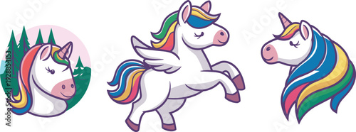 Set of cute cartoon magical unicorn characters featuring colorful rainbow manes and wings isolated on white background for kids nursery decor and greeting cards