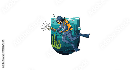 A female diver in full scuba gear is underwater holding a tool that emits bright sparks amidst coral formations and bubbles in blue-green water, Generative AI.