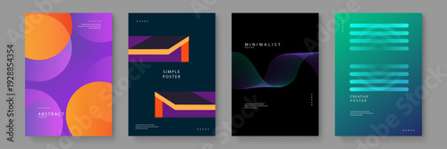 Set of four professional business posters featuring abstract geometric shapes and fluid dynamic lines in purple orange and teal colors