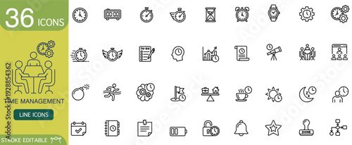 Time management line icon icon set business schedule clock productivity deadline, stroke editable outline symbols for planning, workflow, reminder, stopwatch, calendar, target