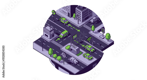 An isometric illustration shows a smart city intersection with green cars buildings and traffic lights indicating advanced urban management within a circular frame, Generative AI.