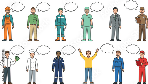 Multicultural Professional Workers with Speech Bubbles Cartoon Illustration, Diverse Men in Various Occupations Communication and Career Concept Set
