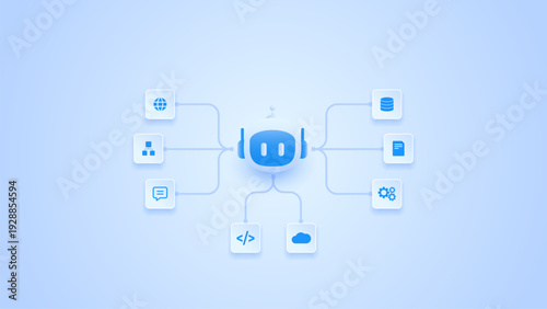 AI workflow automation artificial intelligence. ai agent network diagram connecting ai model, processing flow, cloud and automation system.