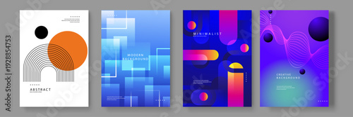A premium set of four colorful posters featuring translucent layers geometric forms and vibrant neon gradients for modern digital art