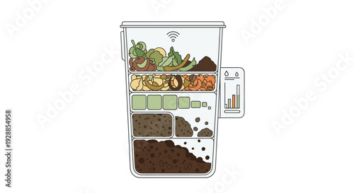 An illustrated smart compost bin transparent and rectangular displays layered organic waste and soil with a side panel showing sensor data and a Wi-Fi symbol on a white background, Generative AI.