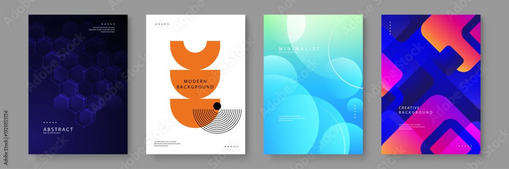 Fototapeta premium A collection of four professional abstract background covers featuring dark hexagons minimalist orange geometry blue gradients and vibrant fluid shapes