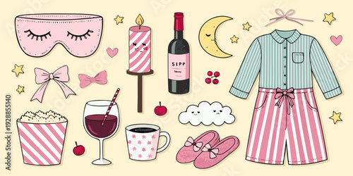 Girly sleepover party doodle vector illustration with nightwear and self-care accessories. Hand-drawn flat vector collection of cozy feminine nightwear, wine, and bedtime items.