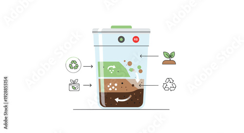 A stylized illustration displays a transparent composting bin with layered organic matter showing recycling and growth processes on a white background, Generative AI.